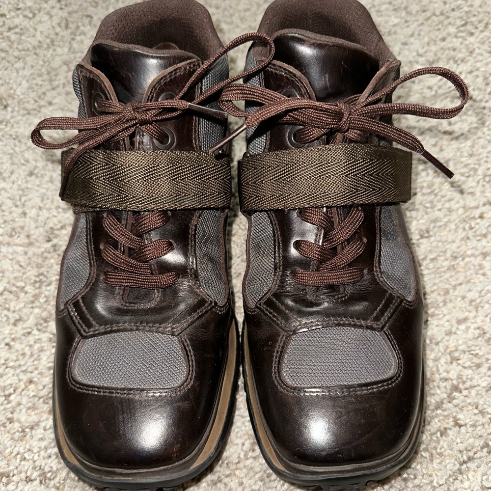 PRADA Men’s Brown Leather High-Top Boots with Velcro Straps in  size 7.